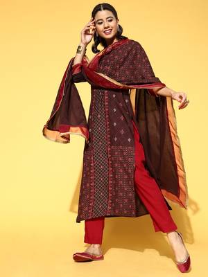 Indo Era Brown Printed A-Line Kurta Trouser With Dupatta Set 1