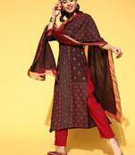 Indo Era Brown Printed A-Line Kurta Trouser With Dupatta Set