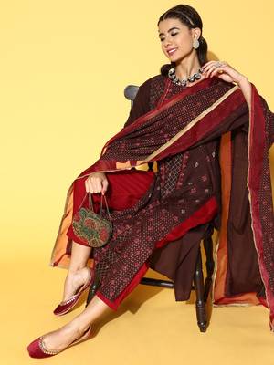 Indo Era Brown Printed A-Line Kurta Trouser With Dupatta Set 5