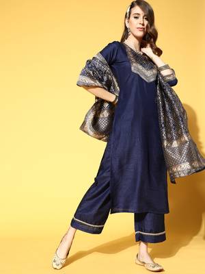 Indo Era Navy Blue Solid Straight Kurta Palazzo With Dupatta Set 1