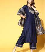 Indo Era Navy Blue Solid Straight Kurta Palazzo With Dupatta Set
