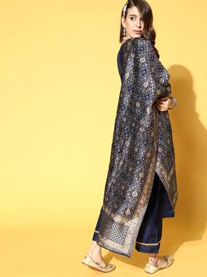 Indo Era Navy Blue Solid Straight Kurta Palazzo With Dupatta Set 2
