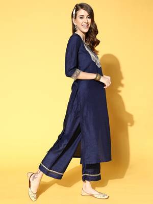 Indo Era Navy Blue Solid Straight Kurta Palazzo With Dupatta Set 3