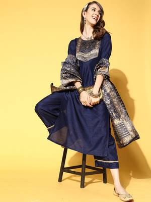 Indo Era Navy Blue Solid Straight Kurta Palazzo With Dupatta Set 4