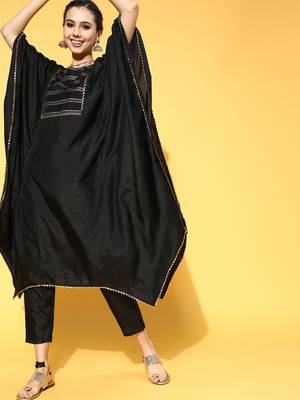 Indo Era Black Solid A-line Kaftan Trouser Set 1