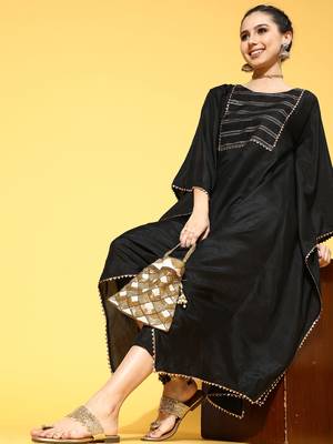 Indo Era Black Solid A-line Kaftan Trouser Set 4