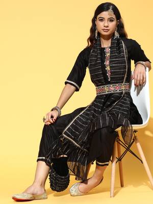Indo Era Black Solid Straight Kurta Trouser With Dupatta and Belt Set 1