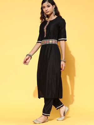 Indo Era Black Solid Straight Kurta Trouser With Dupatta and Belt Set 3