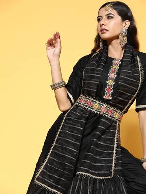 Indo Era Black Solid Straight Kurta Trouser With Dupatta and Belt Set 4