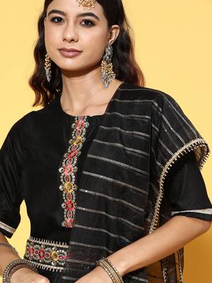 Indo Era Black Solid Straight Kurta Trouser With Dupatta and Belt Set 5