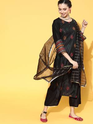 Indo Era Black Embroidered Straight Kurta Palazzo With Dupatta and Belt Set 1