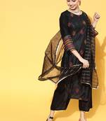 Indo Era Black Embroidered Straight Kurta Palazzo With Dupatta and Belt Set