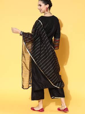 Indo Era Black Embroidered Straight Kurta Palazzo With Dupatta and Belt Set 2