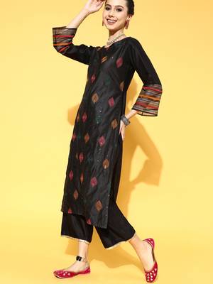 Indo Era Black Embroidered Straight Kurta Palazzo With Dupatta and Belt Set 3