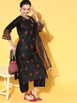 Indo Era Black Embroidered Straight Kurta Palazzo With Dupatta and Belt Set 4