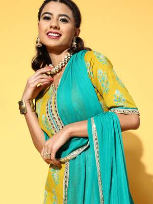 Indo Era Yellow Printed Straight Kurta Palazzo With Dupatta Set 2