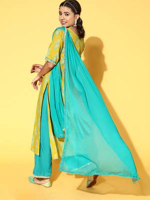 Indo Era Yellow Printed Straight Kurta Palazzo With Dupatta Set 3
