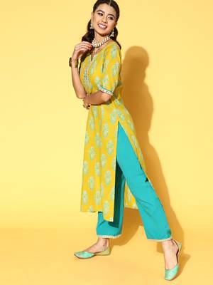 Indo Era Yellow Printed Straight Kurta Palazzo With Dupatta Set 4