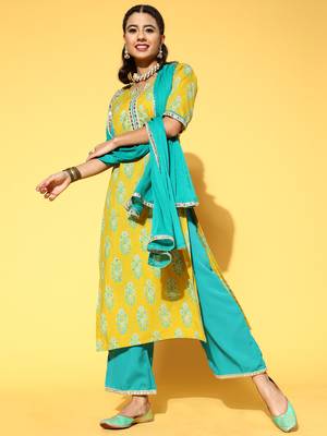 Indo Era Yellow Printed Straight Kurta Palazzo With Dupatta Set 5