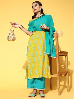 Indo Era Yellow Printed Straight Kurta Palazzo With Dupatta Set 1