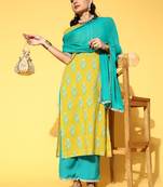 Indo Era Yellow Printed Straight Kurta Palazzo With Dupatta Set