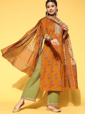 Indo Era Mustard Printed Straight Kurta Palazzo With Dupatta Set 1