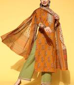 Indo Era Mustard Printed Straight Kurta Palazzo With Dupatta Set
