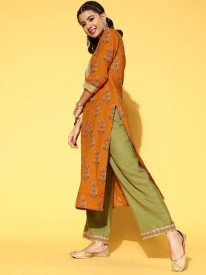 Indo Era Mustard Printed Straight Kurta Palazzo With Dupatta Set 3