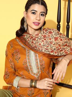 Indo Era Mustard Printed Straight Kurta Palazzo With Dupatta Set 5