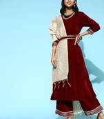 Indo Era Maroon Velvet Straight Kurta Palazzo With Dupatta and Belt Set