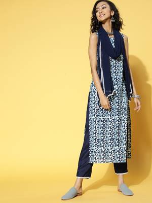 Indo Era Navy Blue Printed Straight Kurta Trouser With Dupatta Set 1