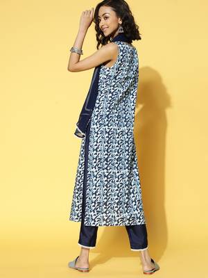 Indo Era Navy Blue Printed Straight Kurta Trouser With Dupatta Set 2