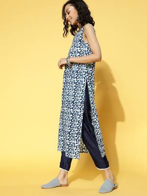 Indo Era Navy Blue Printed Straight Kurta Trouser With Dupatta Set 3