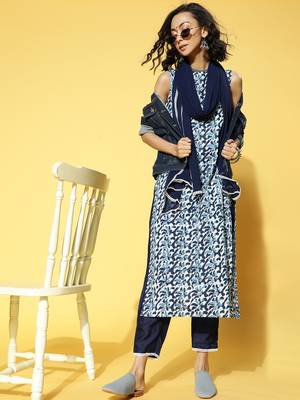 Indo Era Navy Blue Printed Straight Kurta Trouser With Dupatta Set 4