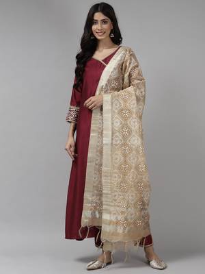 Indo Era Wine Solid Angrakha Kurta Trouser With Dupatta Set 1