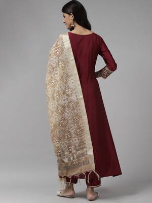 Indo Era Wine Solid Angrakha Kurta Trouser With Dupatta Set 2