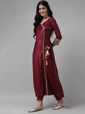Indo Era Wine Solid Angrakha Kurta Trouser With Dupatta Set 3