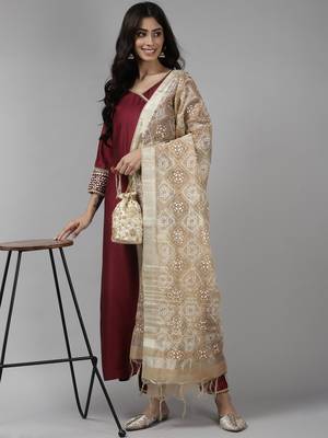Indo Era Wine Solid Angrakha Kurta Trouser With Dupatta Set 4