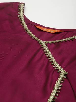 Indo Era Wine Solid Angrakha Kurta Trouser With Dupatta Set 5