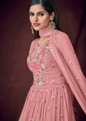 Salmon thread embroidery georgette salwar 4
