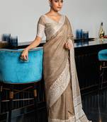 Beige woven linen saree with blouse