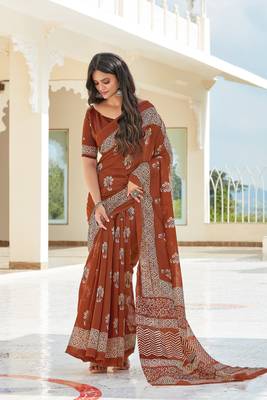 Brown printed cotton saree with blouse 1