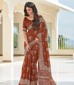 Brown printed cotton saree with blouse