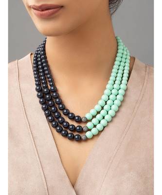 Bluish-Black Brass Necklace Sporting Cubic Zirconia Shell Pearls 1