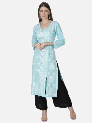 Hand Embroidered Blue Cotton Lucknowi Chikankari Angarkha Kurti 1