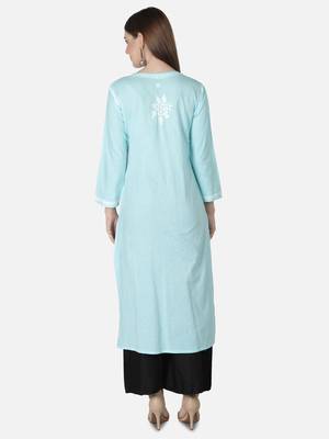 Hand Embroidered Blue Cotton Lucknowi Chikankari Angarkha Kurti 2