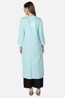 Hand Embroidered Blue Cotton Lucknowi Chikankari Angarkha Kurti