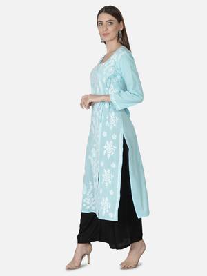 Hand Embroidered Blue Cotton Lucknowi Chikankari Angarkha Kurti 3