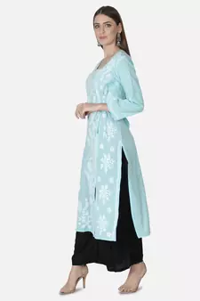 Hand Embroidered Blue Cotton Lucknowi Chikankari Angarkha Kurti