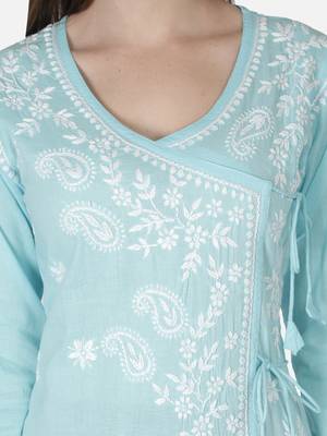 Hand Embroidered Blue Cotton Lucknowi Chikankari Angarkha Kurti 4